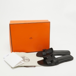 Hermes Black Leather Oran Flat Slides Size 39.5
