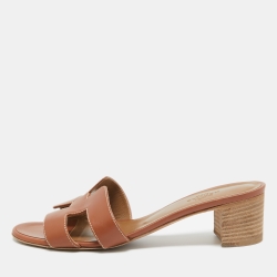 Pre Owned Hermes Brown Leather Oasis Slide Sandals Size 37