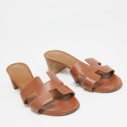 Pre Owned Hermes Brown Leather Oasis Slide Sandals Size 37