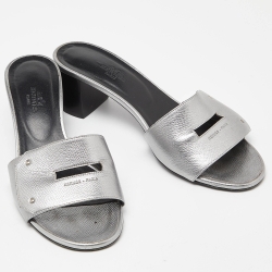 Hermes Silver Leather Very Block Heel Slide Sandals Size 38