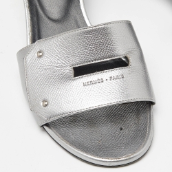 Hermes Silver Leather Very Block Heel Slide Sandals Size 38