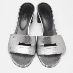 Hermes Silver Leather Very Block Heel Slide Sandals Size 38
