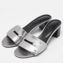 Hermes Silver Leather Very Block Heel Slide Sandals Size 38