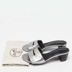 Hermes Silver Leather Very Block Heel Slide Sandals Size 38