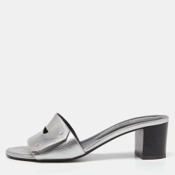 Hermes Silver Leather Very Block Heel Slide Sandals Size 38