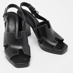 Hermes Black Leather Eris Block Heel Slingback Sandals Size 38