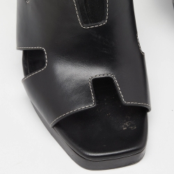Hermes Black Leather Eris Block Heel Slingback Sandals Size 38