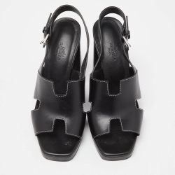 Hermes Black Leather Eris Block Heel Slingback Sandals Size 38