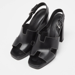 Hermes Black Leather Eris Block Heel Slingback Sandals Size 38