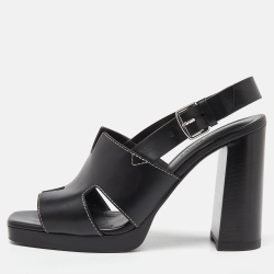 Hermes Black Leather Eris Block Heel Slingback Sandals Size 38