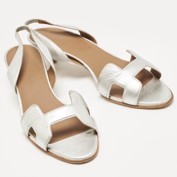 Pre Owned Hermes Silver Leather Night Slingback Sandals Size 40