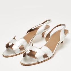 Pre Owned Hermes Silver Leather Night Slingback Sandals Size 40