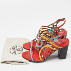 Pre Owned Hermes Multicolor Leather Block Heel Ankle Strap Sandals Size 38.5