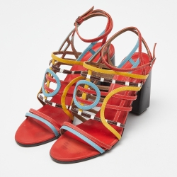 Pre Owned Hermes Multicolor Leather Block Heel Ankle Strap Sandals Size 38.5