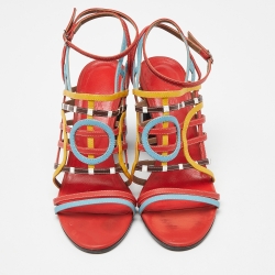 Pre Owned Hermes Multicolor Leather Block Heel Ankle Strap Sandals Size 38.5