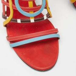 Pre Owned Hermes Multicolor Leather Block Heel Ankle Strap Sandals Size 38.5