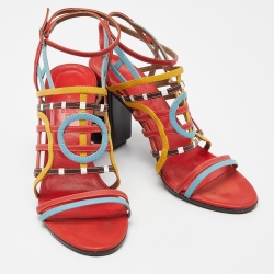 Pre Owned Hermes Multicolor Leather Block Heel Ankle Strap Sandals Size 38.5