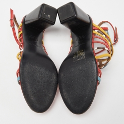 Pre Owned Hermes Multicolor Leather Block Heel Ankle Strap Sandals Size 38.5