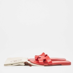 Hermes Red Leather Oran Flat Slides Size 38