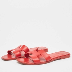 Hermes Red Leather Oran Flat Slides Size 38