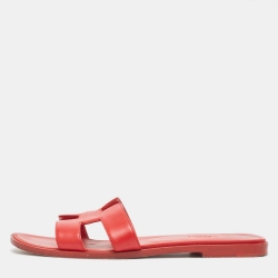 Hermes Red Leather Oran Flat Slides Size 38