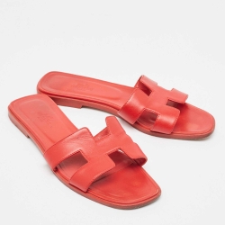 Hermes Red Leather Oran Flat Slides Size 38