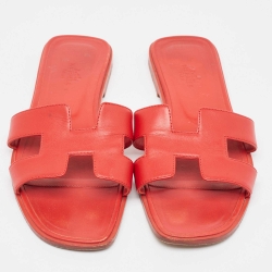 Hermes Red Leather Oran Flat Slides Size 38
