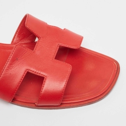 Hermes Red Leather Oran Flat Slides Size 38