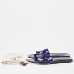 Pre Owned Hermes Blue Crocodile Oran Flat Slides Size 39