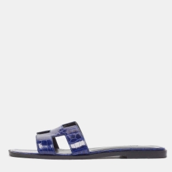 Pre Owned Hermes Blue Crocodile Oran Flat Slides Size 39