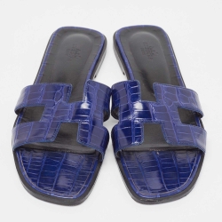 Pre Owned Hermes Blue Crocodile Oran Flat Slides Size 39