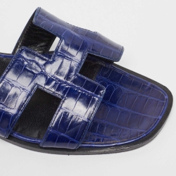 Pre Owned Hermes Blue Crocodile Oran Flat Slides Size 39