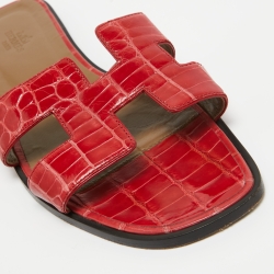 Hermes Red Alligator Oran Flat Slides Size 39