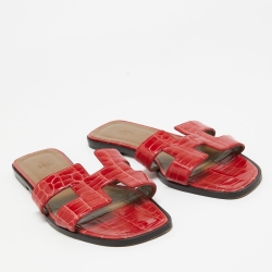 Hermes Red Alligator Oran Flat Slides Size 39