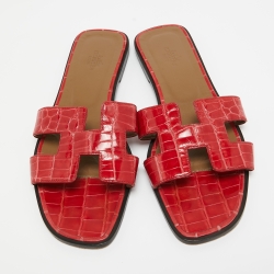 Hermes Red Alligator Oran Flat Slides Size 39