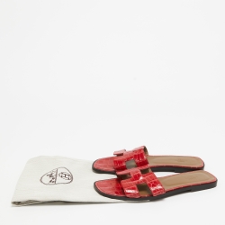 Hermes Red Alligator Oran Flat Slides Size 39