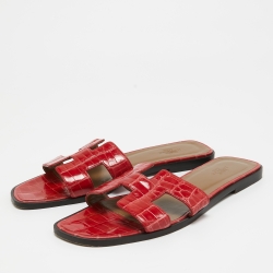 Hermes Red Alligator Oran Flat Slides Size 39