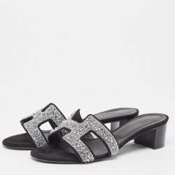 Hermes Black Suede Oasis Embellished Slide Sandals Size 37