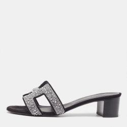 Hermes Black Suede Oasis Embellished Slide Sandals Size 37