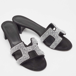 Hermes Black Suede Oasis Embellished Slide Sandals Size 37