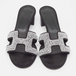 Hermes Black Suede Oasis Embellished Slide Sandals Size 37