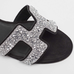 Hermes Black Suede Oasis Embellished Slide Sandals Size 37