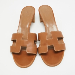 Pre Owned Hermes Brown Leather Oasis Slide Sandals Size 39.5