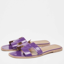 Pre Owned Hermes Purple Leather Oran Flat Slides Size 39 