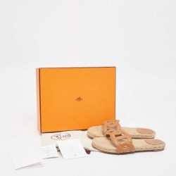 Pre Owned Hermes Brown Leather Famosa Flat Slides Size 38
