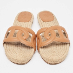 Pre Owned Hermes Brown Leather Famosa Flat Slides Size 38
