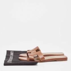 Pre Owned Hermes Brown Leather Oran Flat Slides Size 37