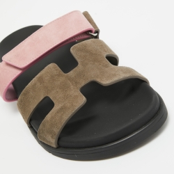 Hermès Grey/Pink Suede Chypre Slides Size 40