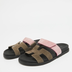 Hermès Grey/Pink Suede Chypre Slides Size 40