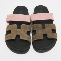 Hermès Grey/Pink Suede Chypre Slides Size 40
